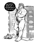anthro big-daryl_(fursona) canid canine canis comic dialogue dickarmdaryl_(artist) domestic_dog english_text extreme_size_difference genitals hi_res leaning macro_focus male mammal muscular penis size_difference solo text traditional_media_(artwork) trans_(lore) trans_man_(lore)