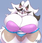 anthro big_breasts blue_clothing blue_panties blue_underwear bottomwear bra breasts canid canine canis clothed clothing dedoarts fangs female fluffy_chest garnet_(thicccomplex) generation_7_pokemon hair hi_res huge_breasts hyper hyper_breasts lycanroc mammal massive_thighs midday_lycanroc nintendo panties pattern_bottomwear pattern_clothing pattern_panties pattern_underwear pink_bra pink_clothing pink_underwear pokemon pokemon_(species) skirt spiky_hair striped_bottomwear striped_clothing striped_panties striped_underwear stripes teeth thick_thighs underwear white_clothing white_panties white_underwear wolf_ears