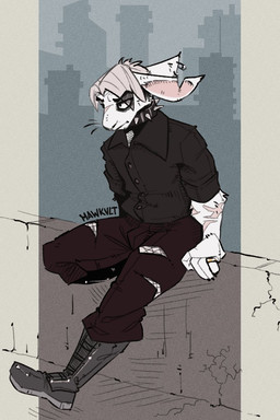 anthro black_clothing black_shirt black_topwear boots city city_background cityscape clothing collar collared_shirt ear_piercing ears_back eyeliner fishnet_clothing fishnet_legwear footwear fur hair legwear looking_forward makeup male notched_ear piercing pivoted_ears ring scar shirt shoes sitting sitting_on_wall solo spiked_collar spikes topwear torn_clothing white_body white_fur white_hair mawkvlt toffee_32 kevin_(toffee_32) lagomorph leporid mammal rabbit 2:3 hi_res