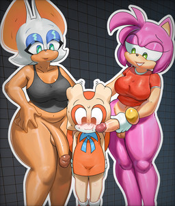 anthro big_breasts bodily_fluids breasts butt clothing erection female female_anthro fur genitals gloves green_eyes group group_sex gynomorph gynomorph/female gynomorph_anthro hair handwear herm intersex intersex/female intersex_anthro membrane_(anatomy) membranous_wings nude penis pink_body service_height sex side_view simple_background size_difference smile tail thick_thighs threesome trio wings young kranson sega sonic_the_hedgehog_(series) amy_rose cream_the_rabbit rouge_the_bat bat eulipotyphlan hedgehog lagomorph leporid mammal rabbit digital_media_(artwork) hi_res