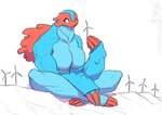 2020 anthro big_breasts blowing blue_body breasts claws conditional_dnp empty_eyes female jollyjack kaiju macro red_body restricted_palette simple_background solo white_background white_eyes wind_turbine
