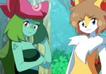 alternate_species anthro braixen braixrena bulbasaur clothing crop_top duo eyebrow_through_hair eyebrows female generation_1_pokemon generation_6_pokemon green_hair hair hi_res kerchief may_(pokemon) nintendo pokemon pokemon_(species) serena_(pokemon) shirt short_hair spots strugetdraw topwear translucent translucent_hair