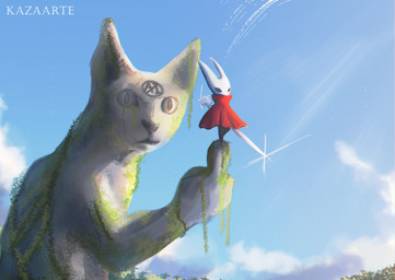 2_horns ambiguous_gender biped black_eyes cloak clothed clothing cloud day empty_eyes holding_melee_weapon holding_object holding_weapon horn melee_weapon outside red_cloak red_clothing scenery sculpture sky solo standing statue text weapon white_text kazaarte hollow_knight_(franchise) team_cherry hornet_(hollow_knight) arthropod domestic_cat felid feline felis mammal 2026 absurd_res artist_name english_text hi_res female_(lore)