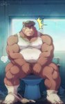 anthro bathroom biceps clothing deltoids detailed_background dirty dirty_clothing footwear hands_covering_crotch inner_ear_fluff jockstrap male musclegut muscular muscular_anthro muscular_male muscular_thighs nipples pecs shirt sitting socks solo tank_top teeth toilet topwear triceps tuft underwear funeral-paws bear mammal 5:8 hi_res