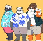 anthro belly big_belly black_body black_nose bottomwear brown_body clothing dot_eyes eyewear glasses group hair humanoid_hands kemono male overweight overweight_male rectangular_glasses shirt shorts simple_background simple_eyes topwear white_body white_hair inunoshippo vtuber kokuba_hoeguro sasayama_akira bear bernese_mountain_dog canid canine canis domestic_dog giant_panda mammal molosser mountain_dog swiss_mountain_dog 2023 hi_res