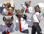 alcohol anthro beer beverage blush bodily_fluids bottomwear butt cellphone clothed clothing container cup dress_shirt electronics eyes_closed gesture grey_background holding_container holding_cup holding_object holding_phone male narrowed_eyes necktie necktie_grab open_mouth open_smile pants pawpads phone pink_blush shirt simple_background smartphone smile solo standing sweat sweatdrop topwear waving popodunk aggretsuko sanrio haida_(aggretsuko) hyena mammal spotted_hyena 2021 digital_media_(artwork) signature