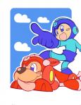 black_nose blue_eyes blush cloud duo flying machine male open_mouth tongue tongue_out air-city capcom mega_man_(series) megaman_(classic) mega_man_(character) rush_(mega_man) canid canine human mammal robot robot_master