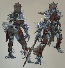 4_fingers 4_toes armor belt black_hair claws crown crystal digitigrade exposed_belly feet female finger_claws fingers front_view grey_body grey_eyes grey_skin hair headgear mutation not_furry nude ponytail rear_view simple_background solo tentacles teratophilia toe_claws toes weapon kiguri eldritch_abomination humanoid monster monstrous_humanoid absurd_res hi_res