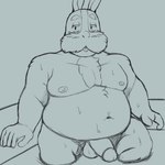 anthro balls blush body_hair chest_hair fur genitals humanoid_genitalia humanoid_penis male navel nipples nude_anthro nude_male overweight overweight_anthro overweight_male penis solo water smush-sin nintendo star_fox peppy_hare lagomorph leporid mammal rabbit 1:1 2023 greyscale hi_res monochrome sketch