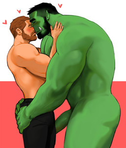 beard big_muscles big_penis black_hair blush bottomwear brown_hair clothed clothing duo facial_hair genitals green_body green_skin hair heart_symbol holding_butt holding_partner human_on_humanoid interspecies intimate kissing larger_humanoid larger_male looking_at_another male male/male male_human male_humanoid male_on_human male_on_humanoid muscular muscular_human muscular_humanoid muscular_male mustache nude pants pecs penis romantic romantic_couple size_difference smaller_human smaller_male topless tusks dopq human humanoid mammal orc hi_res
