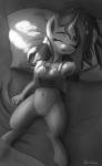 anthro bed biped bottomless clothed clothing eyes_closed female furniture genitals horn lying on_back on_bed pillow pussy sleeping solo obsidianlit hasbro my_little_pony mythology equid equine mammal mythological_creature mythological_equine unicorn greyscale hi_res monochrome