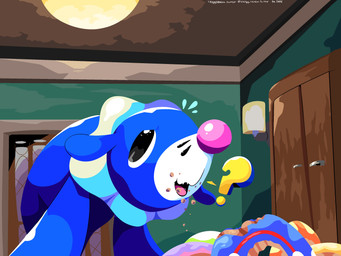 ambiguous_gender black_eyes blue_body bodily_fluids dessert doughnut eating fangs feral food markings open_mouth pastry question_mark solo sweat sweatdrop teeth tongue whisker_markings sleepy_sealion nintendo pokemon generation_7_pokemon pokemon_(species) popplio 2026 4:3 absurd_res dated hi_res signature