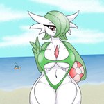 ball beach beach_ball big_breasts bikini breasts clothing female gesture green_hair hair hand_gesture inflatable sea seaside solo swimwear two-piece_swimsuit v_sign water white_body white_skin poraka7 nintendo pokemon gardevoir generation_3_pokemon mudkip pokemon_(species) 1:1