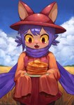 ambiguous_gender biped blush brown_eyes butter clothed clothing cloud cute_fangs dairy_products day dress excited fangs field food hair hat headgear headwear holding_food holding_object long_scarf long_sleeves looking_at_food looking_at_object open_mouth outside pancake plant plate purple_hair purple_scarf red_clothing red_dress scarf short_hair sky sleeves_past_fingers solo standing syrup teeth text tongue twitter_handle wheat yellow_sclera young young_humanoid peppergecko72 oneshot niko_(oneshot) animal_humanoid cat_humanoid felid felid_humanoid feline feline_humanoid humanoid mammal mammal_humanoid absurd_res artist_name english_text hi_res signature