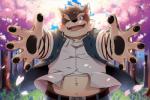 anthro belly belt brown_body brown_fur cherry_blossom clothing coat flower fur male multicolored_body multicolored_fur one_eye_closed petals plant prunus_(flower) scar smile solo topwear two_tone_body two_tone_fur white_body white_fur art_hoshi lifewonders tokyo_afterschool_summoners moritaka_(tas) canid canine canis domestic_dog mammal 3:2