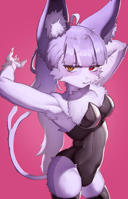 5_fingers ahoge anthro arm_tuft armpit_tuft bangs big_ears biped black_clothing black_legwear black_leotard black_stockings black_thigh_highs blunt_bangs cheek_tuft chest_tuft clothing elbow_tuft facial_tuft female fingers forked_tail fur grey_body grey_fur hair heterochromia inner_ear_fluff latex latex_clothing latex_legwear latex_leotard latex_stockings leaning leaning_forward legwear leotard long_hair looking_at_viewer narrowed_eyes navel orange_eyes pink_background raised_arms red_eyes simple_background smile solo standing stockings strapless_clothing strapless_leotard tail thigh_highs three-quarter_view tuft unusual_anatomy unusual_tail whiskers white_body white_fur white_hair white_inner_ear_fluff eitirou12345 domestic_cat felid feline felis mammal hi_res portrait three-quarter_portrait