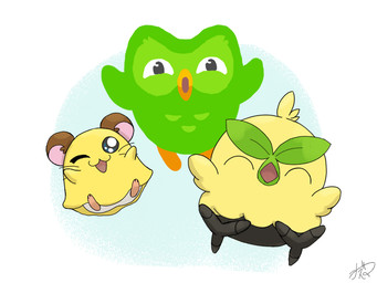 ambiguous_feral ambiguous_gender bedding blanket brown_body brown_fur eyes_closed feathers female female_feral feral fur green_body green_feathers group mascot one_eye_closed simple_background trio wink yellow_body yellow_feathers shizuma_oekaki duolingo hamtaro_(series) nintendo pokemon duo_(duolingo) penelope_(hamtaro) avian bird browt cricetid generation_10_pokemon hamster mammal owl pokemon_(species) rodent 2026 4:3