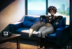 anthro blush brown_hair camera canid canine clothed clothing eyewear eyewear_on_head female flat_chested footwear fully_clothed furniture hair hi_res mammal nx147 sandals scar sofa solo sunglasses sunglasses_on_head tail
