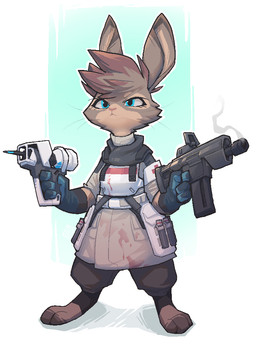 anthro armor blood blood_on_armor blue_eyes bodily_fluids clothing digitigrade eyelashes female frown fur gloves gun handwear highlights_(coloring) holding_gun holding_object holding_ranged_weapon holding_weapon paws ranged_weapon red_highlights simple_background smoking_gun solo submachine_gun weapon whiskers c0ga_(artist) hare lagomorph leporid mammal rabbit 2017 digital_media_(artwork)