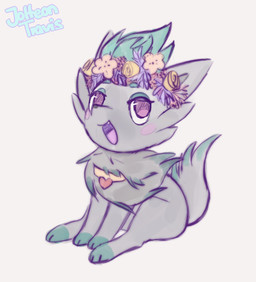 female feral flower flower_crown happy looking_at_viewer paws plant sitting smile solo jolteontravis nintendo pokemon generation_5_pokemon pokemon_(species) zorua nonbinary_(lore)