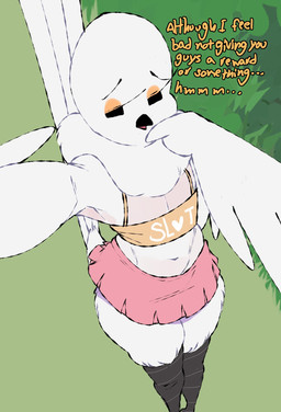 anthro beak black_eyes bottomwear clothed clothing crop_top crossdressing dialogue feathers femboy front_view male miniskirt neck_tuft shirt skirt solo tail tail_feathers text thick_thighs topwear tuft meweeze burd_(meweeze) avian bird 2026 english_text hi_res