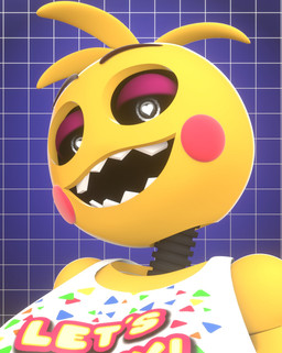 beakless bib black_sclera breasts checkered checkered_background eyebrows eyeshadow female half-closed_eyes heart_pupils looking_at_viewer machine makeup medium_breasts narrowed_eyes non-mammal_breasts open_mouth open_smile pattern_background purple_eyeshadow sharp_teeth simple_background smile smiling_at_viewer solo teeth yellow_body cattzz_9 five_nights_at_freddy's five_nights_at_freddy's_2 scottgames lovetaste_chica toy_chica_(fnaf) animal_humanoid animatronic avian avian_humanoid bird bird_humanoid chicken_humanoid galliform galliform_humanoid humanoid phasianid robot robot_humanoid 2024 3d_(artwork) bust_portrait digital_media_(artwork) hi_res portrait