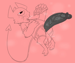 1_eye ball_tuft balls bodily_fluids chewing claws clothed clothing crumbs_on_face digitigrade eating eating_food erection food fur genitals half-closed_eyes horn male musk narrowed_eyes onomatopoeia partially_clothed penis penis_through_underwear pizza pizza_slice simple_background solo sound_effects sweat sweaty_genitalia tail text tired tuft underwear nylonhellhole krylon_(nylonhellhole) demon imp mammal hi_res