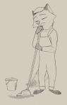 anthro bucket cleaning_tool clothed clothing container frown fully_clothed fur gloves_(marking) grey_background half-closed_eyes janitor leg_markings male markings mop narrowed_eyes sad simple_background socks_(marking) solo standing white_background unclesameagle disney zootopia nick_wilde canid canine fox mammal 2017 greyscale hi_res monochrome