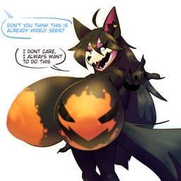 anthro big_breasts big_tail black_body bodypaint breasts dialogue ear_piercing female glowing glowing_eyes hair holidays huge_breasts huge_tail hyper hyper_breasts inner_ear_fluff long_hair offscreen_character painted_breasts piercing simple_background solo standing tail text tuft white_background klacket halloween scp_foundation scp-1471-a canid canine malo mammal skulldog_(species) 1:1 2024 absurd_res digital_drawing_(artwork) digital_media_(artwork) english_description english_text hi_res shaded
