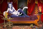 anthro bedroom_eyes breasts chair champagne_bottle clothing dagger decoration digitigrade exposure_variation female furniture hair inside jewelry legwear lingerie looking_at_viewer luxury lying melee_weapon narrowed_eyes on_chair seductive solo spread_legs spreading stockings text thigh_highs weapon milkylewdy j'mara_rodavi hi_res url