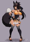 abs amber_eyes big_breasts black_hair breasts clothing colored_nails dipstick_tail female footwear freckles hair halter_top hand_on_hip high_heels legwear long_nails markings nails shoes solo tail tail_markings thigh_highs under_boob crescentia_fortuna animal_humanoid canid canid_humanoid canine canine_humanoid fox_humanoid humanoid mammal mammal_humanoid hi_res