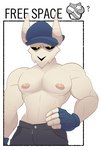 anthro biceps blue_clothing blue_gloves blue_handwear blue_hat blue_headwear bone clothing fingerless_gloves gloves glowing glowing_eyes hand_on_hip handwear hat headgear headwear horn looking_at_viewer male muscular muscular_anthro muscular_male nipples pale_skin pecs pink_nipples shirtless shirtless_male skull skull_head solo yellow_eyes redeyedgazer friday_night_funkin' fan_character tabi_(fnf) humanoid