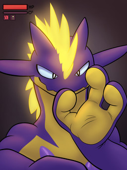 asphyxiation choking dominant exclamation_point gameplay_mechanics grin gui hand_on_neck health_bar holding_character hud looking_at_viewer neck_grab peril reaching_towards_viewer simple_background smile solo strangling bitcoon nintendo pokemon amped_toxtricity generation_8_pokemon pokemon_(species) toxtricity 2019 3:4 absurd_res digital_media_(artwork) hi_res