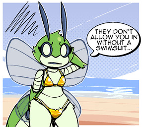 4_wings annoyed antennae_(anatomy) anthro arthropod_abdomen beach bikini black_body black_exoskeleton black_sclera breasts clothing cloud crotch_tuft day exoskeleton eyelashes female front_view gold_bikini green_body green_exoskeleton hand_behind_back insect_wings looking_at_viewer multi_wing multicolored_body multicolored_exoskeleton no_pupils open_mouth outside sand sea seaside small_breasts solo speech_bubble standing swimwear talking_to_viewer text thick_thighs tuft two-piece_swimsuit water white_eyes wide_hips wings lizardfungus golden_week malina_skye arthropod hawk_moth insect lepidopteran moth pellucid_hawk_moth 2026 aliasing digital_media_(artwork) english_text portrait three-quarter_portrait