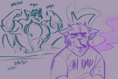 anthro barazoku cigarette clothed clothed_anthro clothed_male clothing dot_eyes duo fangs flexing flexing_bicep flexing_both_biceps hair male male_anthro meow muscular muscular_anthro muscular_male nipples nya partially_submerged purple_background purple_line_art shirt simple_background simple_eyes smoke smoking solid_circle_eyes splash teal_line_art teeth text text_on_clothing text_on_shirt text_on_topwear topwear unimpressed water wet melaisen amihan_(melaisen) evan_alon_malachite aquatic catfish demon domestic_cat felid feline felis fish mammal 2023 3:2 colored_line_art english_description monochrome sketch