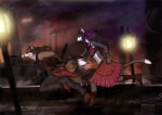 aircraft airship alternative_fashion anthro clothing duo female fluffy fluffy_tail lamp lantern lights male running smoke steam steampunk tail vehicle fleeks eurofurence canid canine domestic_cat felid feline felis fox mammal