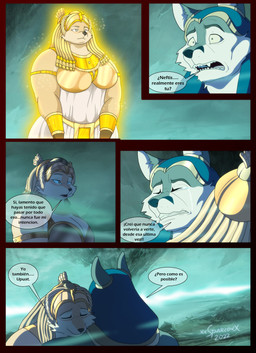 accessory anthro armor big_breasts bodily_fluids bracers breasts brown_body brown_fur clothed clothing crying dialogue dress duo egyptian egyptian_clothing egyptian_headdress eyes_closed female fur glowing hair hug limbo male multicolored_body multicolored_fur muscular muscular_anthro muscular_male nemes open_mouth overweight overweight_anthro overweight_female speech_bubble tan_body tan_fur tears text two_tone_body two_tone_fur usekh xxsparcoxx nephthys nephthys_(xxsparcoxx) wepwawet wepwawet_(xxsparcoxx) canid canine canis deity fox mammal wolf 2022 absurd_res comic digital_media_(artwork) hi_res spanish_text