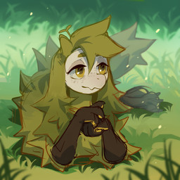 ambiguous_gender front_view fur glistening glistening_eyes grass green_body green_eyes green_fur green_hair green_pupils hair looking_aside lying mouth_closed narrowed_eyes on_front outside plant pupils solo unsigned corzh77 species_request 1:1 absurd_res full-length_portrait hi_res portrait