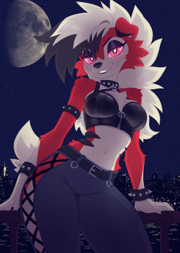 anthro belt bracelet collar female fur glowing glowing_eyes half-closed_eyes jewelry leaning looking_at_viewer low-angle_view midriff moon narrowed_eyes night smile solo spiked_bracelet spiked_collar spikes tuft starberry_mochi nintendo pokemon dusk_lycanroc generation_7_pokemon lycanroc pokemon_(species)