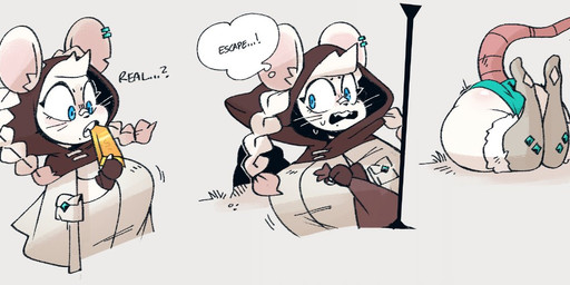 anthro bandage bandage_on_face bandage_on_nose big_breasts big_butt biting_object blue_clothing blue_eyes blue_panties blue_underwear bodily_fluids boots braided_hair breasts butt cloak clothing ear_piercing ear_tuft eyelashes female footwear fur gold_(metal) hair hood markings mole_(marking) mouse_hole notched_ear panties piercing shoes short_stack solo stuck sweat sweatdrop tail text thick_thighs thought_bubble through_wall tuft underwear whiskers white_body white_fur white_hair wide_hips gats tish_(gats) mammal murid murine rat rodent english_text