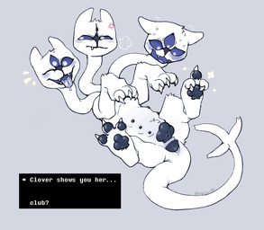 3_heads angry animal_genitalia animal_vulva anus belly_nipples black_anus black_nipples black_pawpads black_vulva bodily_fluids butt canine_genitalia canine_vulva claws cross-popping_vein fangs female female_feral feral fur genitals happy long_neck looking_at_viewer lying multi_head multi_nipple nervous nipples on_back one_eye_closed open_mouth pawpads plump_labia presenting presenting_hindquarters puffy_anus quadruped seductive solo sweat teats teeth text toe_claws tongue tongue_out vulva white_body white_fur wink winking_at_viewer shugowah deltarune undertale_(series) clover_(deltarune) darkner felid feline mammal 2025 digital_media_(artwork) english_text hi_res