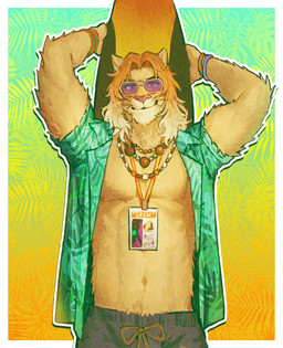 aloha_shirt anthro athletic athletic_anthro blonde_hair blonde_mane clothed clothing eyewear front_view fur hair jewelry looking_at_viewer male mane navel open_clothing open_shirt open_topwear orange_body orange_fur pattern_clothing pattern_shirt pattern_topwear shirt smile solo sunglasses surfboard swimming_trunks swimwear topwear tufted_fur wristband papyuuno epic_games fortnite kingston_(fortnite) felid lion mammal pantherine hi_res