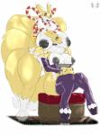 anthro big_breasts breasts clothing duo female footwear genitals high_heels huge_breasts inverted_nipples legwear makeup nipples platform_footwear platform_heels pussy shoes sitting standing thick_thighs thigh_highs wide_hips rohan_scribe bandai_namco digimon canid digimon_(species) kyubimon mammal renamon viximon hi_res