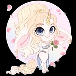 anthro blonde_hair blue_clothing blue_eyes chibi clothed clothing ear_piercing ear_ring eyelashes female fur glistening glistening_eyes hair horn piercing ring_piercing side_view simple_background smile solo standing tail tail_tuft tuft white_body white_ears white_fur yellow_horn tiggybloom mythology bovid bovine cattle equid equine mammal mythological_creature mythological_equine unicorn 1:1 2021 alpha_channel dated signature