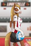 anthro athlete athletic_wear ball blonde_hair bottomwear breasts brown_body brown_fur clothed clothing female fully_clothed fur gym gym_bottomwear gym_shorts hair inside shirt shorts smile solo sport t-shirt teeth topwear volleyball volleyball_(ball) volleyball_uniform jenery adidas louisville_cardinals ncaa university_of_louisville equid equine horse mammal hi_res