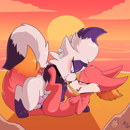 ambiguous_penetration beach blush bodily_fluids dipstick_tail duo eyeshadow female female_penetrated feral fur genital_fluids genitals knot knotted_penis makeup male male/female male_penetrating male_penetrating_female markings penetration penis pink_body pink_fur purple_eyeshadow seaside sex sunset tail tail_markings vaginal vaginal_fluids vaginal_penetration white_body white_fur fuf nintendo pokemon fennekin generation_5_pokemon generation_6_pokemon pokemon_(species) zorua 1:1 2022 hi_res
