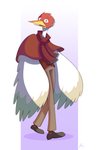 anthro beak bottomwear brown_bottomwear brown_clothing brown_footwear brown_pants brown_shirt brown_shoes brown_topwear clothed clothing eyebrows feathered_wings feathers footwear fur gradient_background hair male open_mouth pants plantigrade purple_background raised_eyebrows red_body red_eyes red_face red_feathers red_fur red_scarf red_shawl scarf shirt shoes simple_background solo surprise tan_body tan_feathers topwear walking white_background white_body white_feathers white_fur wings yellow_beak kaishu_mennella no_evil ichabod_(no_evil) antigone_(genus) avian bird crane_(bird) gruiform sandhill_crane 2020 colored hi_res shaded signature