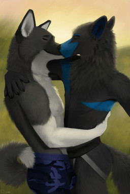anthro bottomwear boxer_briefs bulge camo camo_bottomwear camo_clothing camo_print clothed clothing duo eyes_closed jockstrap kissing male male/male nipples pattern_bottomwear pattern_clothing smile sunset underwear djano akita american_akita canid canine canis domestic_dog mammal spitz wolf 2022 absurd_res hi_res