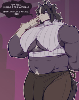 abs anthro barazoku biceps big_muscles big_nipples big_pecs black_body black_fur black_hair bottomwear clothed clothing dialogue fur hair huge_pecs male muscular muscular_anthro muscular_male nipples pants partially_clothed pecs solo speech_bubble standing tail text topwear white_body white_fur white_hair king_slabu orobas_(king_slabu) equid equine horse mammal comic digital_media_(artwork) english_text hi_res