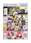 anthro beverage_bottle big_breasts blonde_highlights breasts bunny_costume choker cleavage clothed clothing costume cute_fangs dialogue duo fake_ears fake_rabbit_ears fangs female fur green_eyes grey_body grey_fur grey_hair hair hat headgear headwear highlights_(coloring) jewelry kemono necklace ninja_suit orange_body orange_fur red_hair smile speech_bubble teeth text top_hat tray white_body white_fur white_highlights yellow_eyes teteteko bunnimals sakura-gear marie_gold_(bunnimals) roza_(bunnimals) canid canine canis domestic_dog fox human mammal 4koma comic english_text hi_res official_art